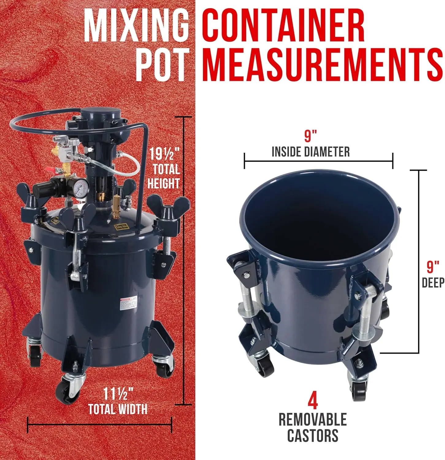 TCP Global 2-1/2 Gallon - 10 Liter Pressure Pot Paint Tank: Heavy Duty Solid Steel Clamp on Lid with Air-Powered Mixing Agitator