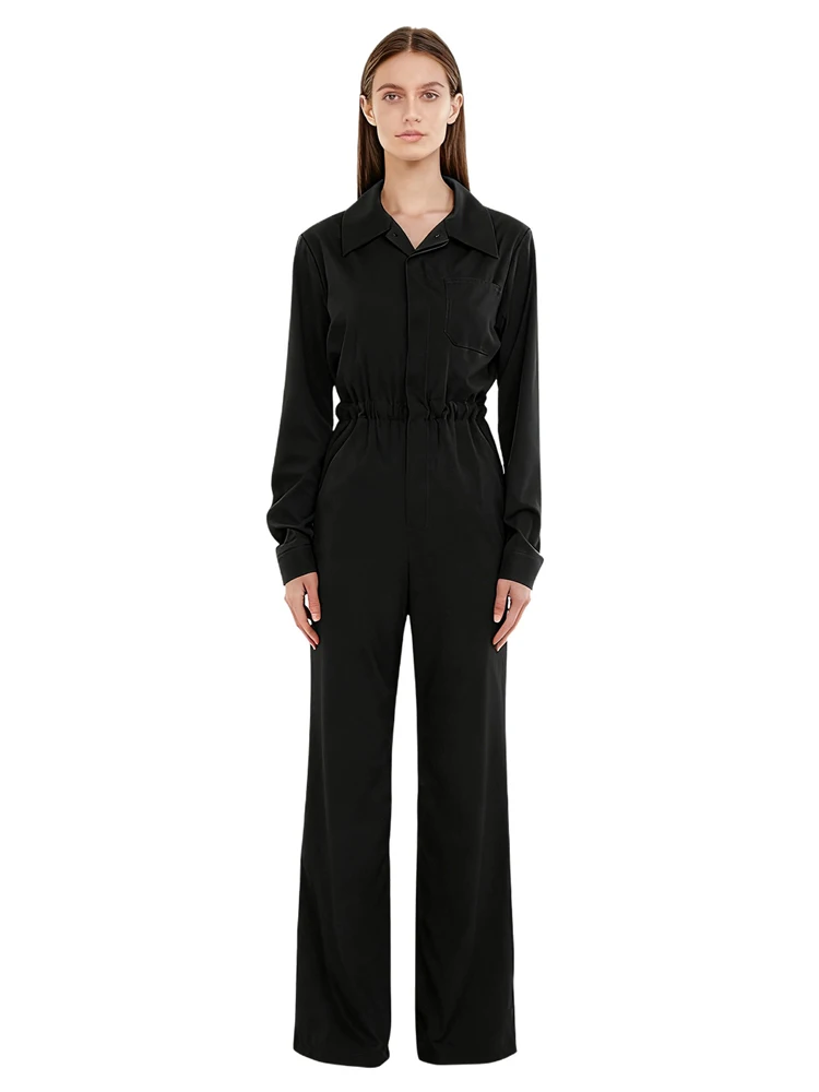 

Women's Casual Jumpsuit Elegant Solid Lapel Neck Full Sleeve Elastic High Waist Button Outfits 2026 Lady Work Commute Wear