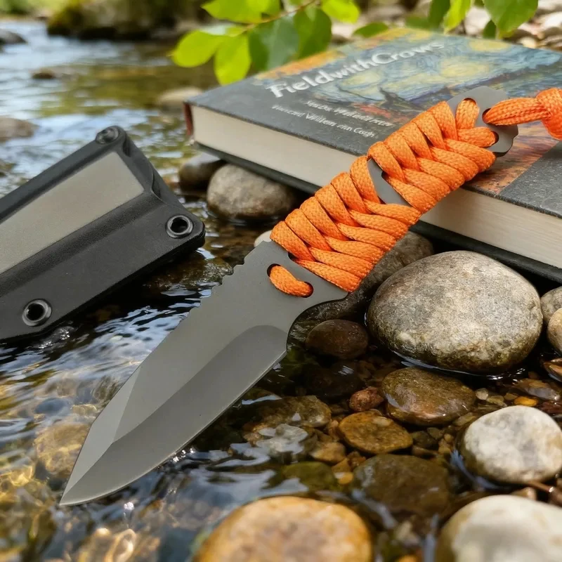 Straight Blade 8Cr13MoV Knife Body With Nylon Cord Handle, Practical EDC Hunting And Camping Multi-Functional Knife