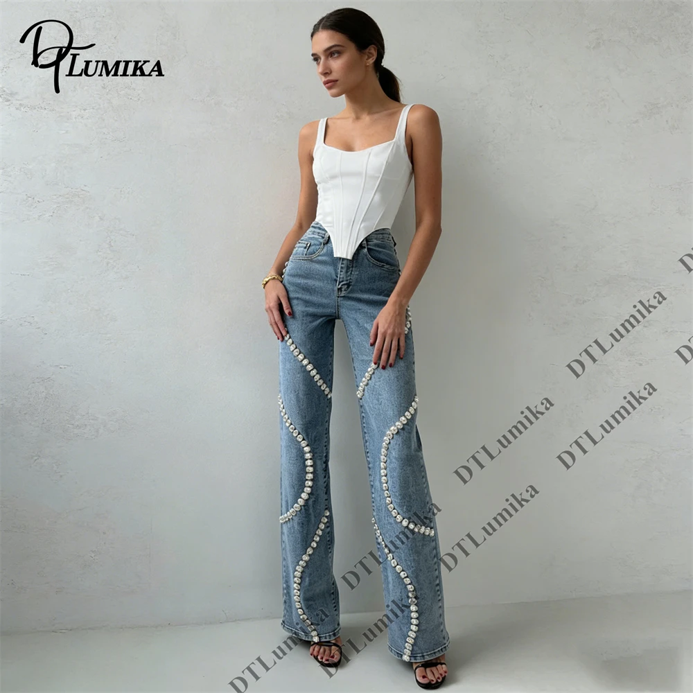 Women’s Blue Flare Jeans with Pearl Crystal Beaded Detail, High Waisted Bell Bottom Pants for Party Nightclub Cocktail