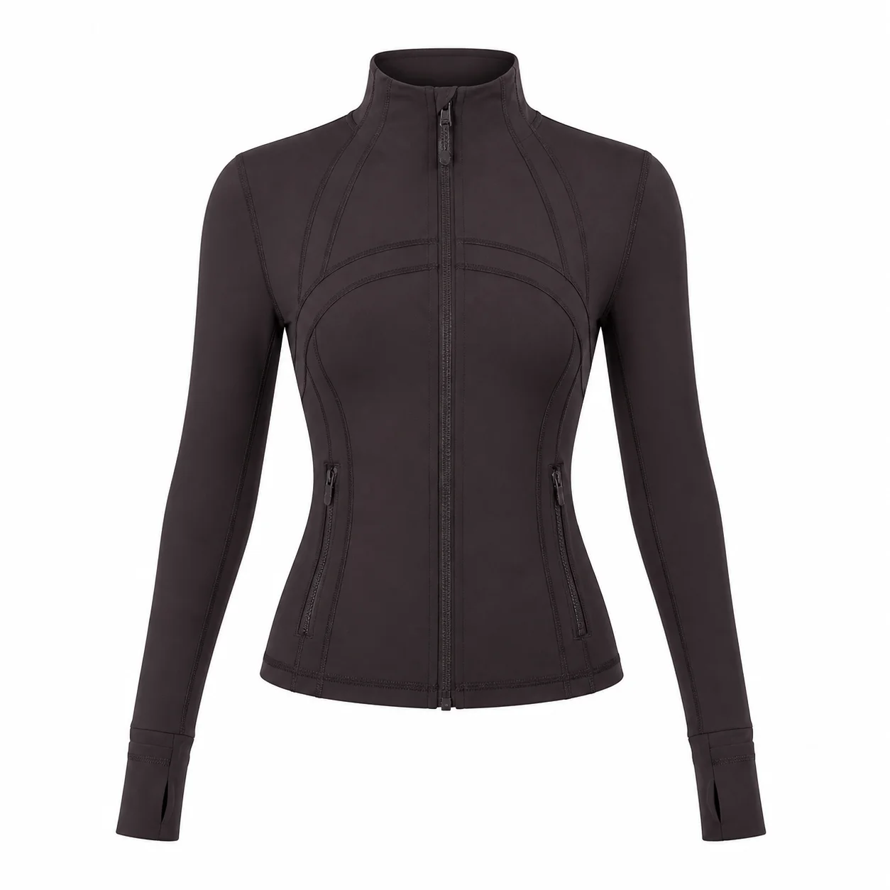 Women's Espresso Brown Slim Fit Athletic Jacket Full Zip Stand Collar Thumbhole Sleeves for Yoga Running Gym