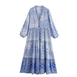 Tangada 2024 Summer Women Blue Flowers Print Dress Female Long Sleeve A-line Dress 6x0353