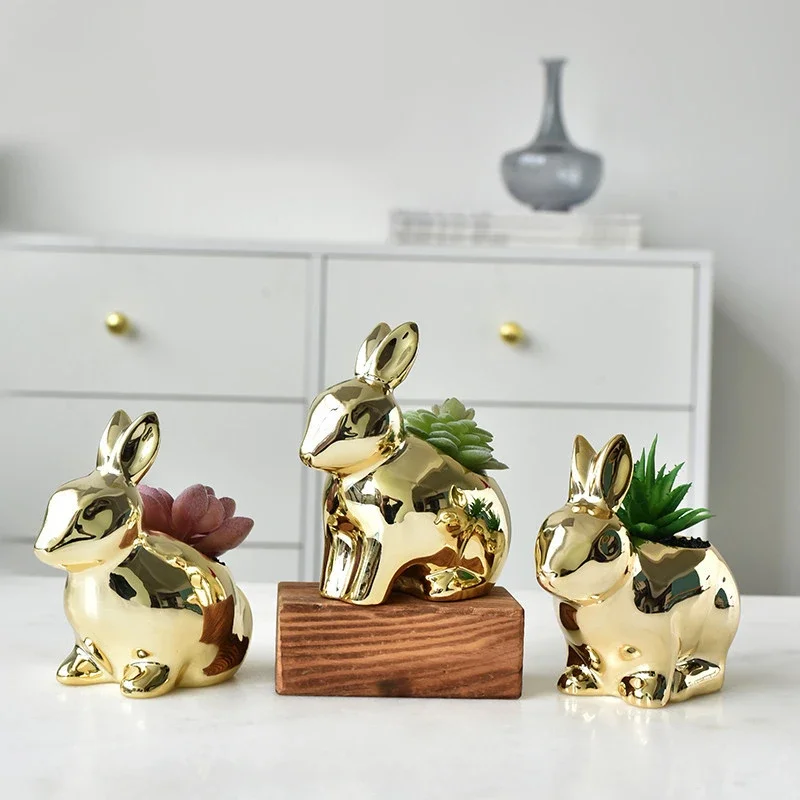 Ceramic Flower Pot Golden Rabbit Cartoon Rabbit Small Vase Succulent Planting Pot Porcelain Tabletop Decoration Flowerpot