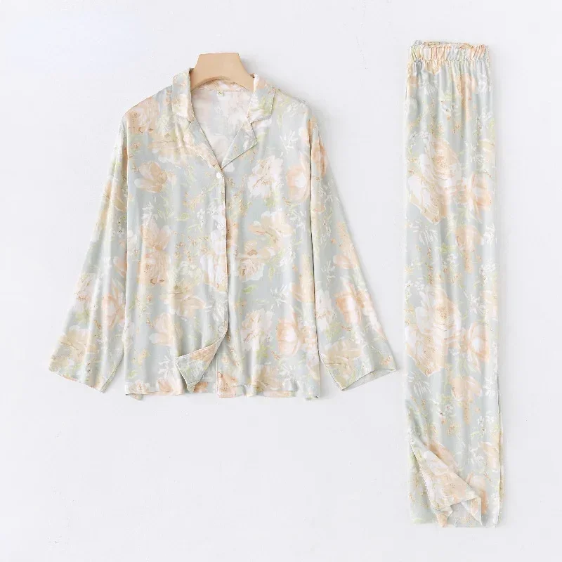 Fresh Viscose Green Flower Printed Long-Sleeved Trousers Pajamas Sets Home Sleepwear Autumn Women Clothes Pyama Woman Set