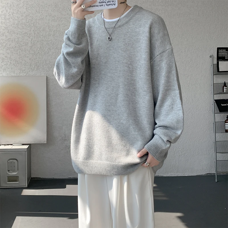 الخريف سترة سوداء الرجال الدافئة موضة عادية البيج بلوفر مغزول الرجال الكورية فضفاضة طويلة الأكمام سترة رجالي البلوز الملابس #4