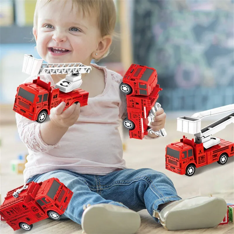 4Pcs Kids Toys Car Pull Back Toys Inertia Fire Engine Vehicle Model Mini Educational Cars Cloud Ladder Fire Truck Birthday Gifts