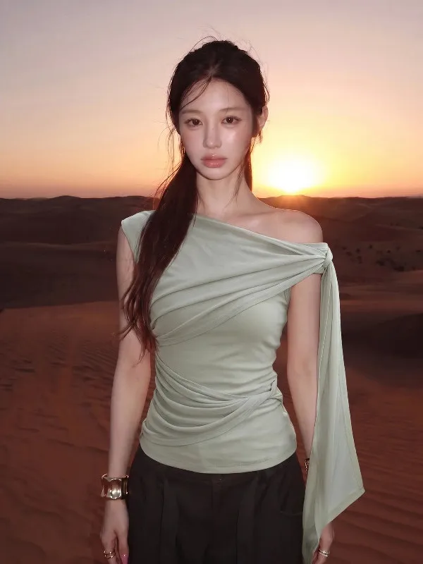 Korean Style plus Size T-Shirt Women's Summer Side Pleated Slimming Pure Desire Atmosphere Top Trendy Knot Sash Casual Wear