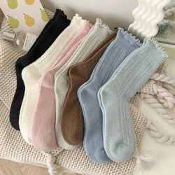 Autumn Winter Thick Warm Women Socks Wool Cashmere Thermal Long Socks Women Casual Solid Color Japanese Kawaii Cute Ruffle Socks