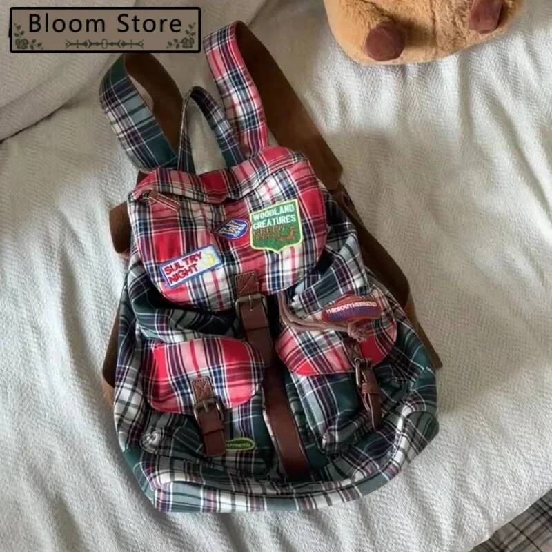 

Vintage Plaid Casual Contrast Color Backpacks Preppy Streetwear Fashion Women's Bags Y2k Students Retro Ins All Match Schoolbags