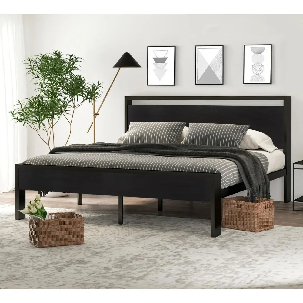 

Metal Platform Bed Frame with Wooden Headboard and Footboard, Mattress Foundation, No Box Spring Needed, Large Under Bed Storage
