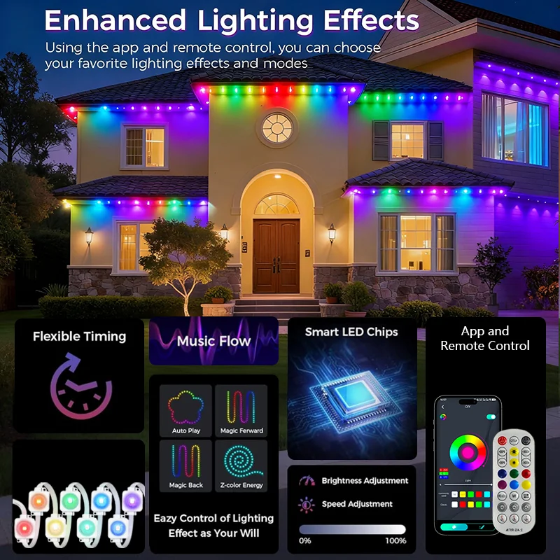 Smart Eave Lights Permanent Outdoor LED Lights App/Remote Control DIY Scene Mode IP67 Waterproof for House Roof Party Decor