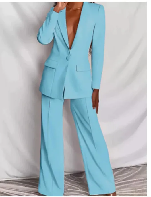 Spring Elegant Solid Long Sleeve Blazer Suit and Pants Two 2 Piece Set for Women Autumn Classic OL Street Outfit