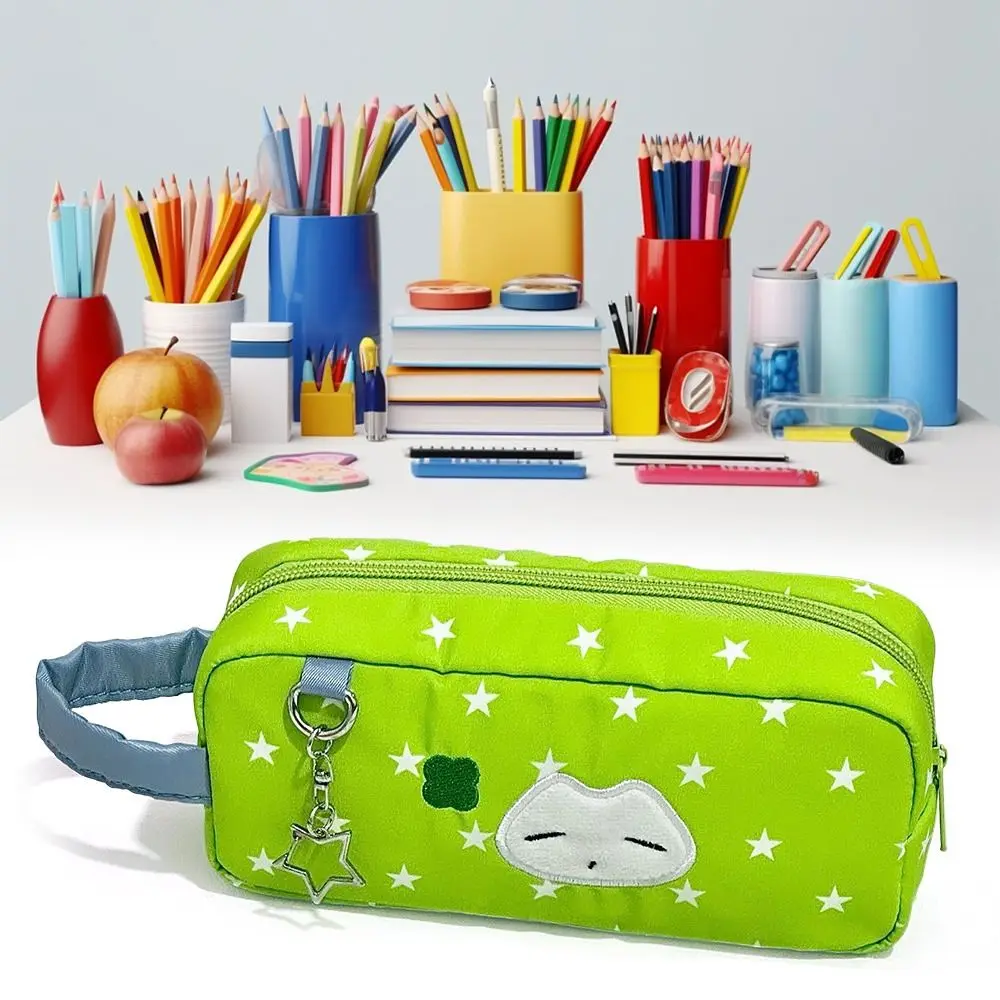 Borsa per penne verde Astuccio per matite portatile di grande capacità Borsa per riporre articoli di cancelleria con motivo a stella e gattino per studenti