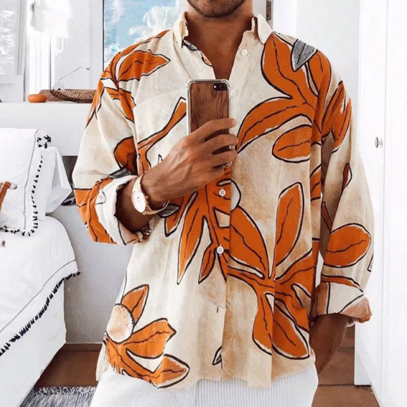 

Men's Printed Shirt Beach Style Spring New Product Loose Casual Leaf Long Sleeve Flower Shirt 2026 Spring And Summer New Product