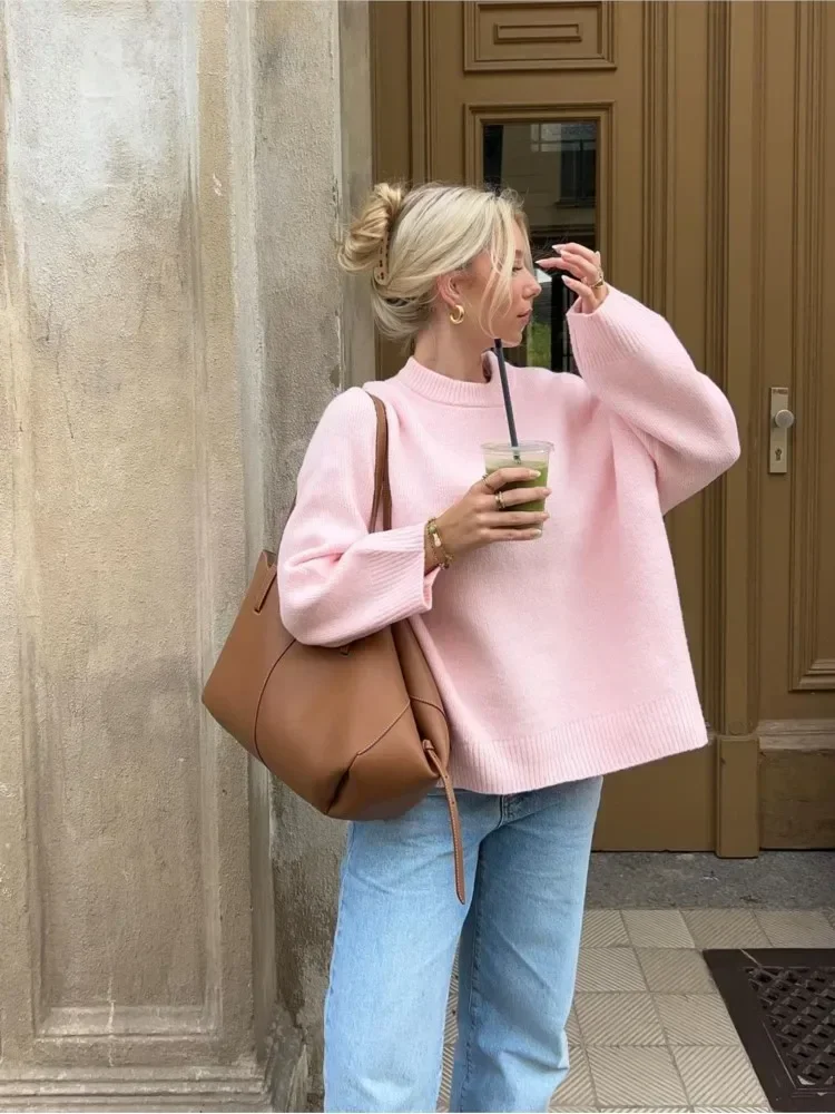 Suéteres de punto Rosa liso para mujer, Jersey informal holgado de manga larga con cuello redondo, ropa de calle elegante para otoño, 2023