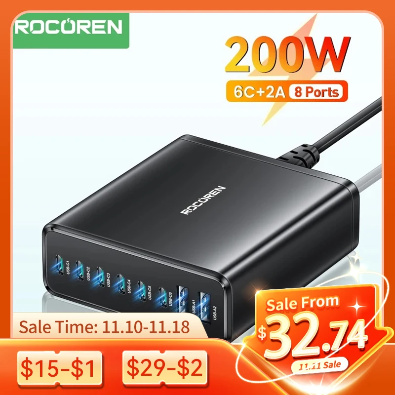 Rocoren 200W 8 in 1 Multi Port USB Type C PD High Speed Charger Desktop Fast Charging Power Station For iPhone 15 Samsung Xiaomi