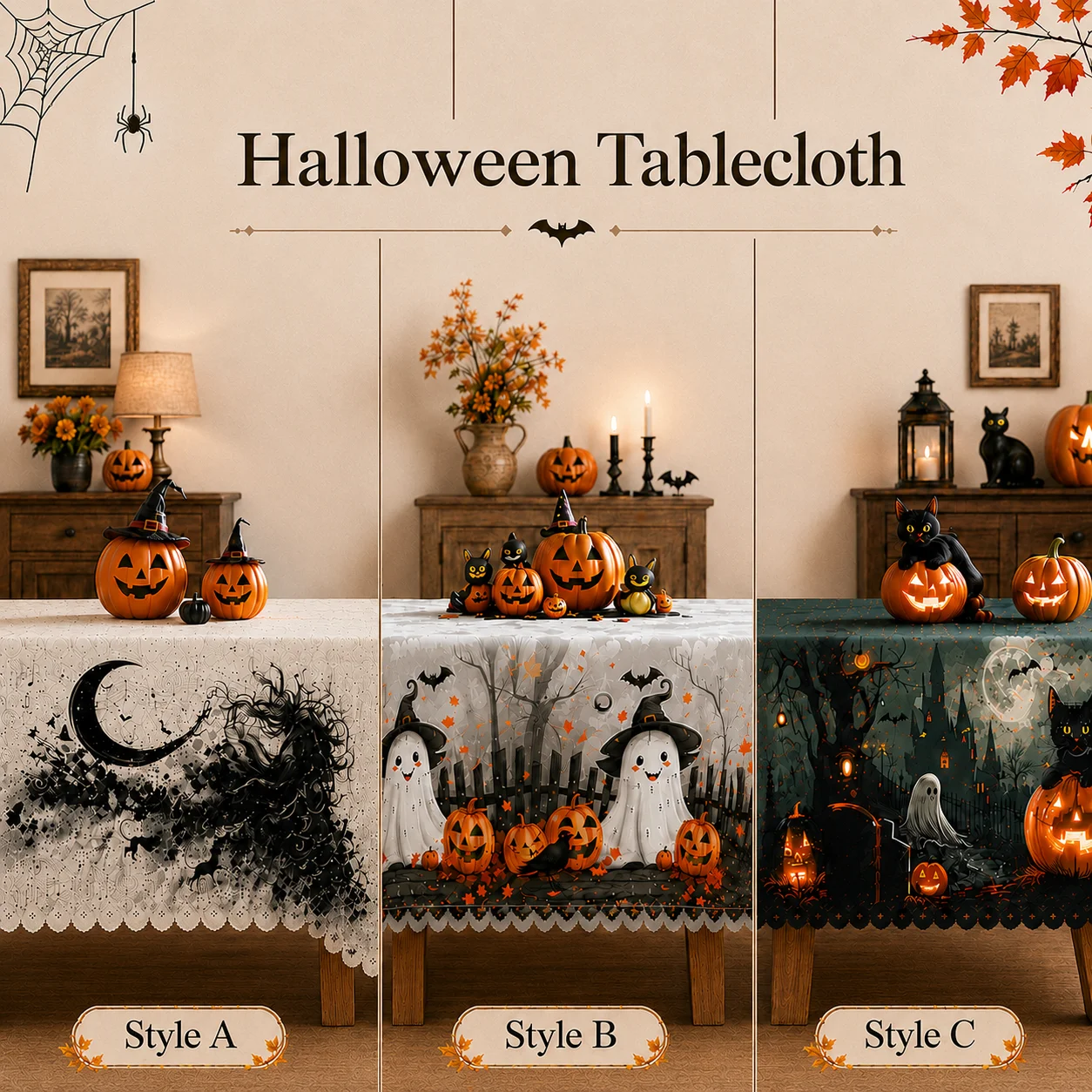 Halloween Tablecloth with Black Cats, Ghosts, Pumpkins, Bats and Moonlit Spooky Motifs, Haunted Night Theme