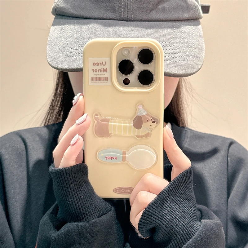 Ins 3D Spoon Puppy Dog Soft TPU Case For iPhone 16 15 13 14 12 Pro Max 16 Plus Shockproof Phone Cover