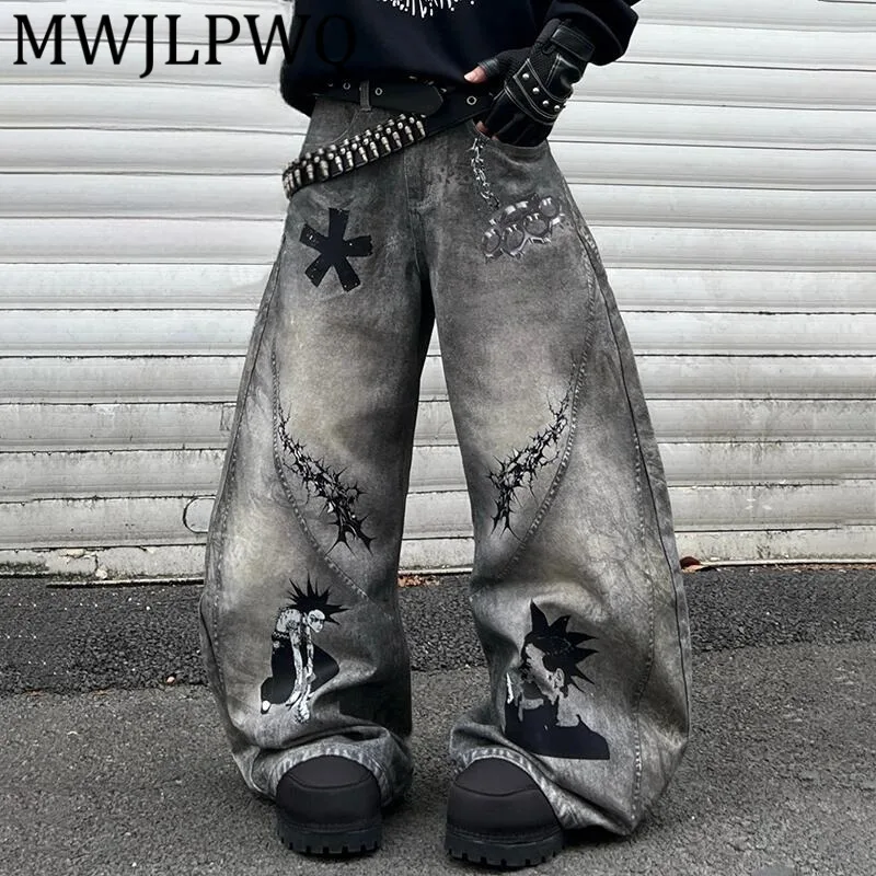 MWJLPWQ Niszowe, postarzane dżinsy z nadrukiem, długie spodnie męskie, styl high street, sprane, unisex, unikalne, szerokie, baggy jeansy z motywem machety, jesień 2025, 12440
