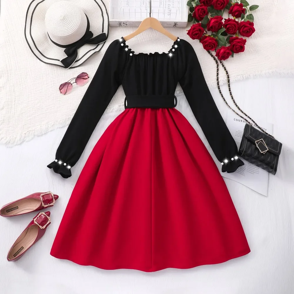 

Christmas Halloween Children's Clothing Autumn Fashion long sleeves Color Blocked Princess Dress 8-12 Year Old Teen Girl Dresses