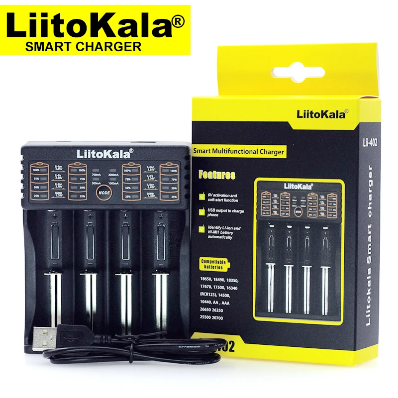 Liitokala Lii-402 ładowarka 18650, niezależna kontrola czterech gniazd, 1.2V 3.7V litowa NiMH 26650 21700 18350 14500 AA