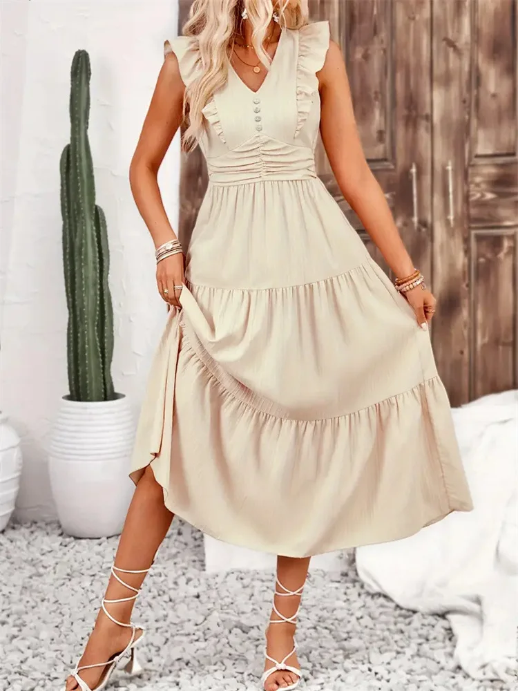 -Border Foreign Trade Ruffled Smocking Slim-Fit Solid Color Jacquard Long Sleeveless Dress Spring/Summer Female Dress Cake