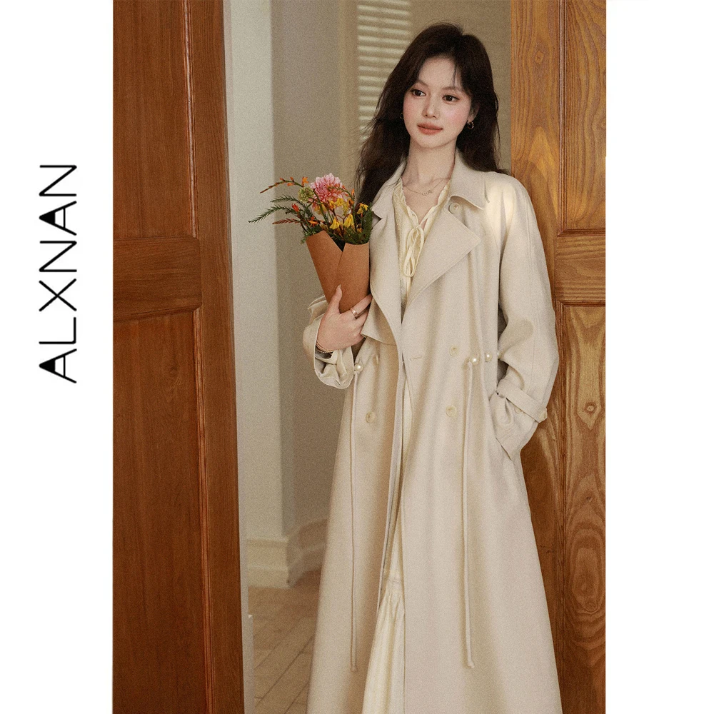 ALXNAN Mid-length Off-white Trench Coat for Women 2026 Autumn Waist Cinched Double Breasted Outerwear with Waist Tie L680320