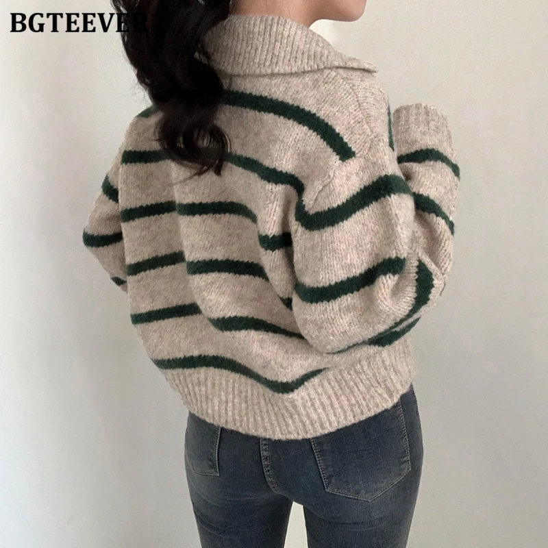 BGTEEVER Casual Warm Loose Turn-down Collar Female Striped Knitted Pullovers Autumn Winter Long Sleeve Women Sweaters Jumpers