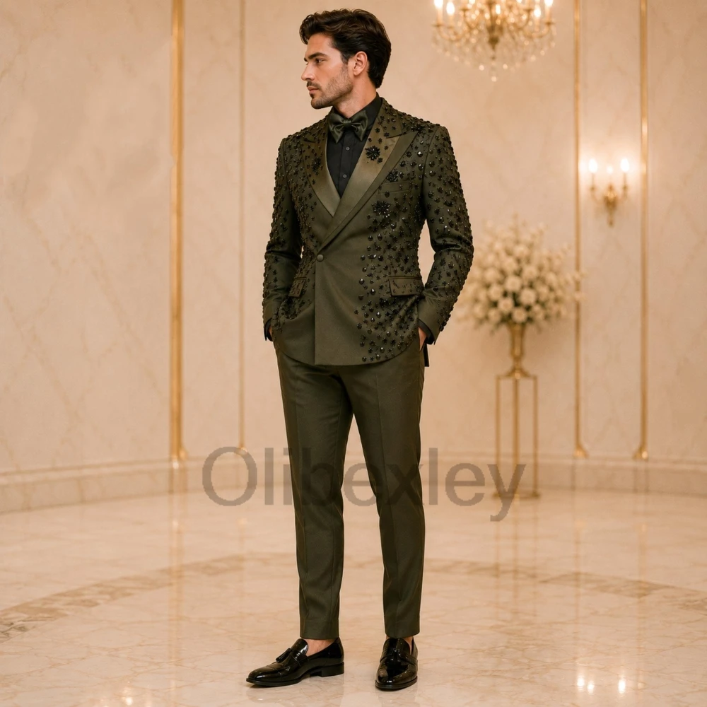 Olibexley Elegant Olive 2 Pieces Sets Men's Suits Crystal Beaded Diamond Groom Wedding Blazers Male Ropa Hombre Customized S255