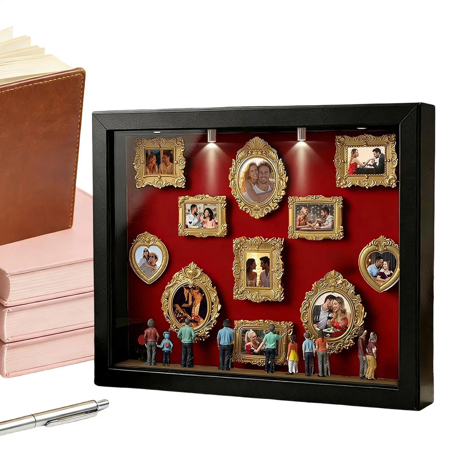 Mini Museum Silhouette Box Memory Photo Display Case with LED Light 11 Pieces Miniature Photo Frame with 8 Figurines for Home