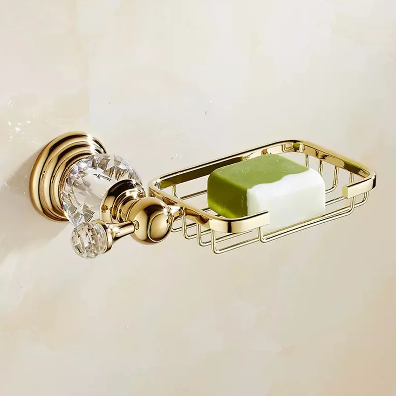 Gold Crystal Soap net stand,  Toilet Bathroom Accessories Zinc Alloy hanger Wall Mounted with soap disher Retro design Shelf