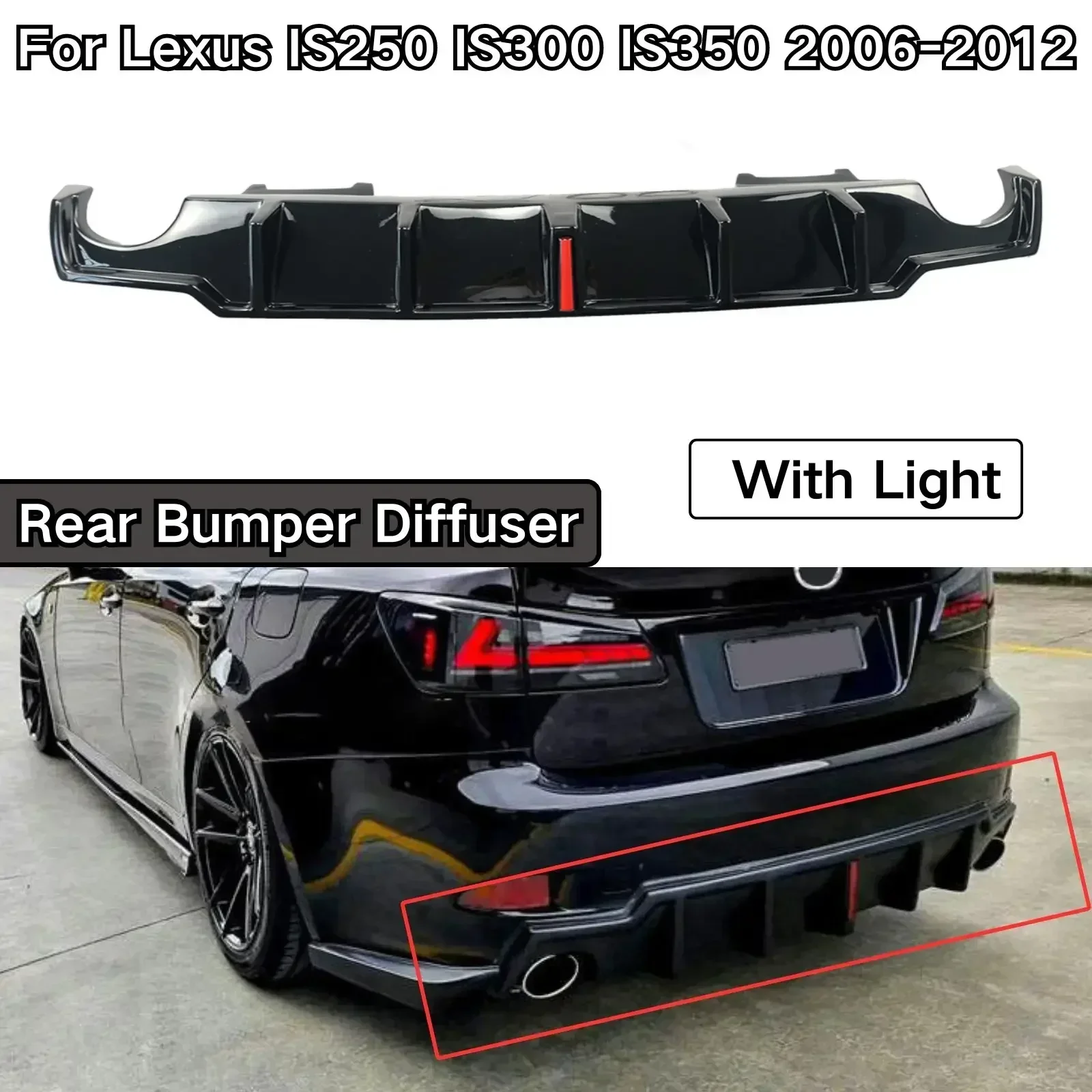 Rear Bumper Diffuser For Lexus IS250 IS300 IS350 2006-2012 With LED Light Glossy Black Spoiler Splitter Diffuser Car Accessories