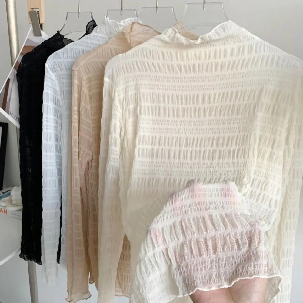 Fashionable Thin Lace Tops High Collar Lace Base Long Sleeve Top Pure Color Mesh Base Shirt Fashion Wear