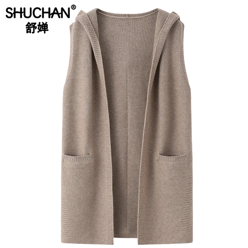 

Hooded Knitted Vest Open Stitch Warm 100% Cashmere New Winter Sweater Women Cardigan Basics Pockets Vest for Women