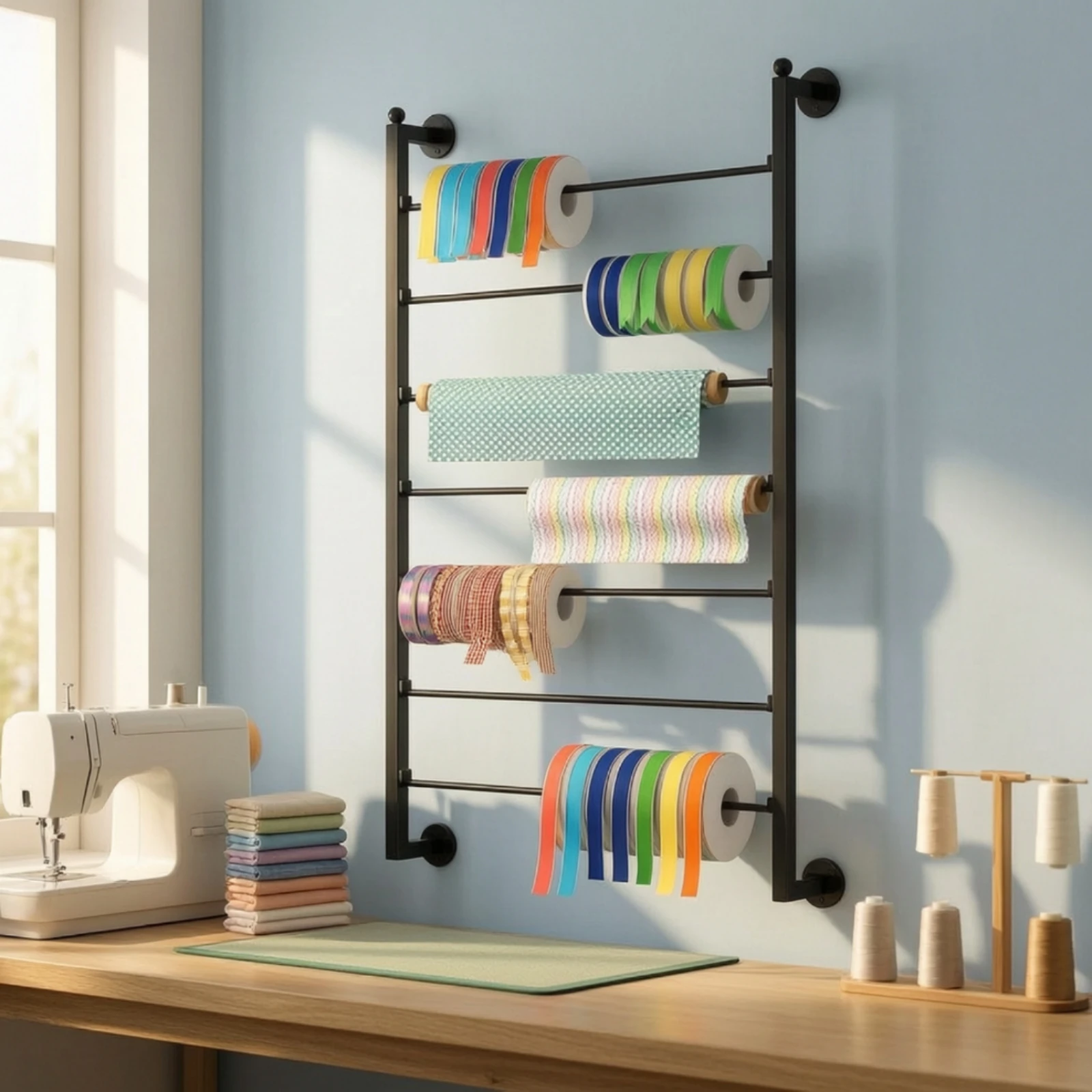Seven-Tier Wall-Mounted Storage and Display Rack Metal Ribbon Holder Wrapping Paper Organizer Easy to Install for Crafters