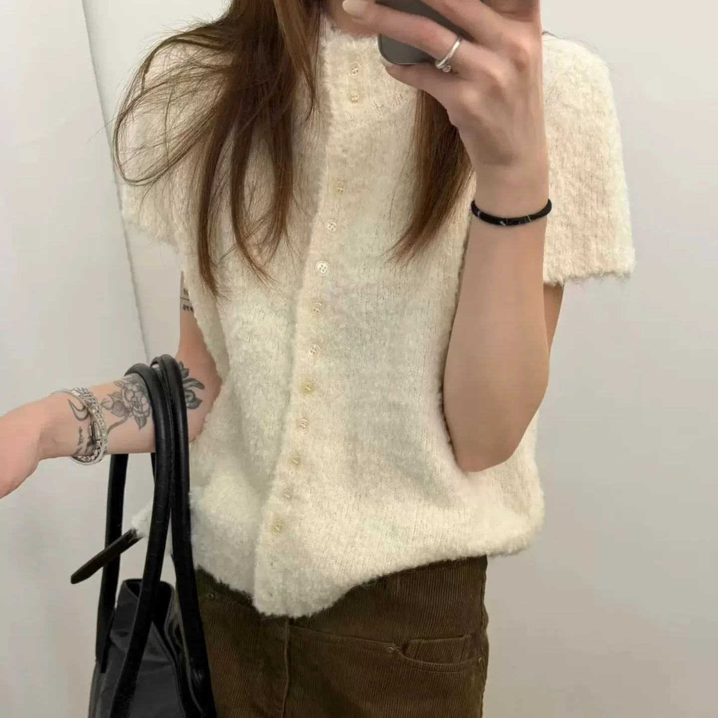 Korean Style Stand Collar Short Sleeve Knitted Open Cardigan Women's Slimming Versatile Sweater Elegant Fashion Top