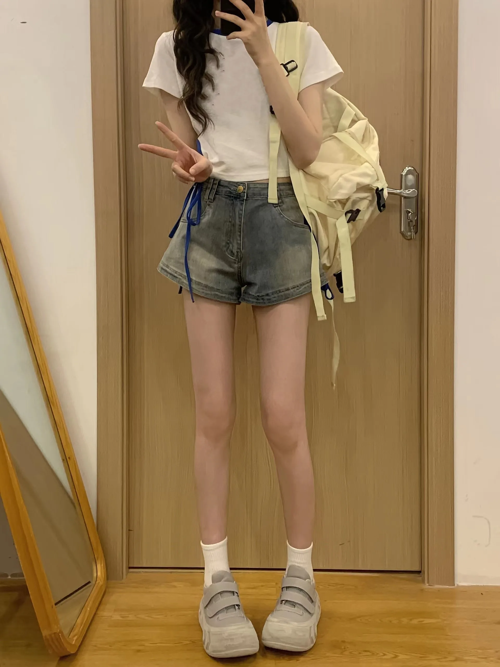 

Retro American Denim Shorts Women Summer Thin Washed High Waist Slim Small Size Sexy A-Line Hot Pants Cotton Stretch Fabric