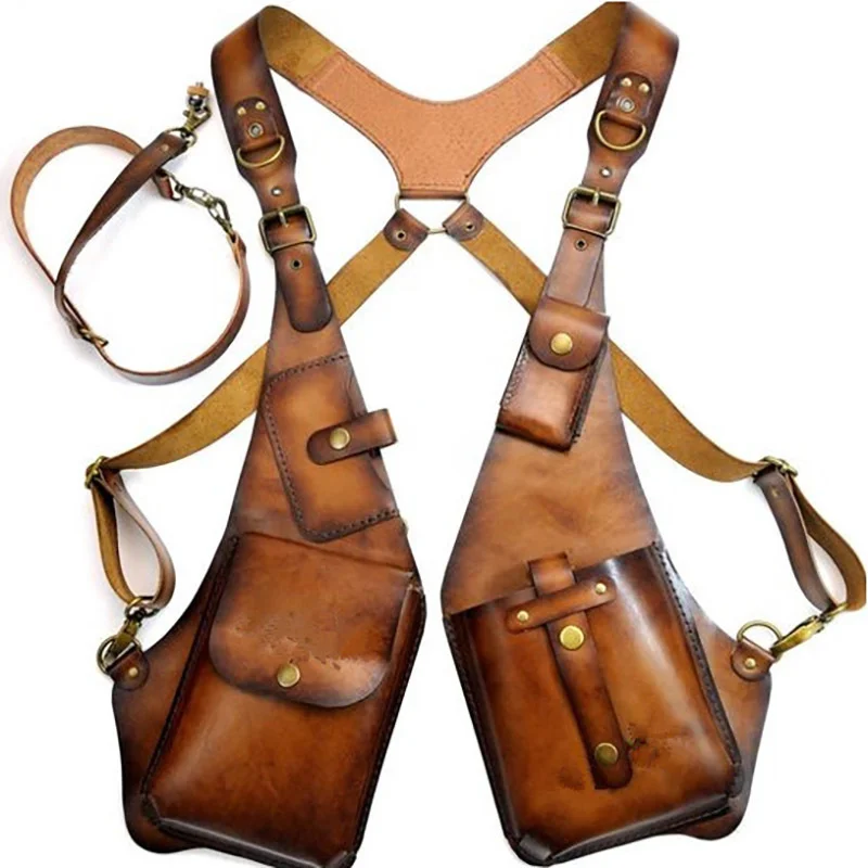 Medieval Viking Punk Retro Harness Underarm Bag for Halloween Cosplay Motorcycle Outdoor Tactical Style Satchel PU Leather