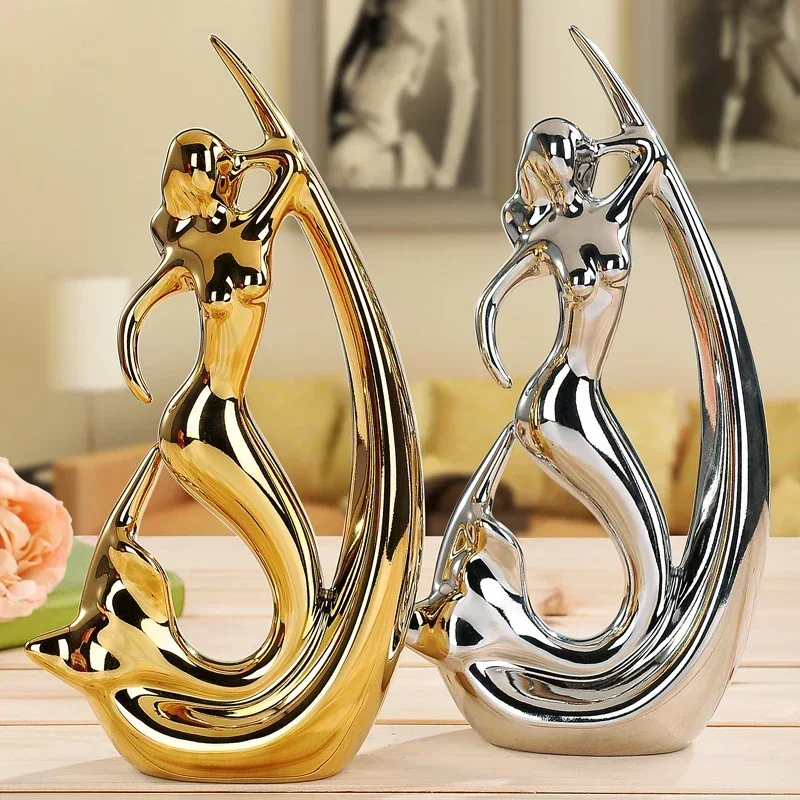 

Modern luxury golden mermaid Figurine Ornaments home accessories living room Decor ceramic crafts statue wedding decoration gift