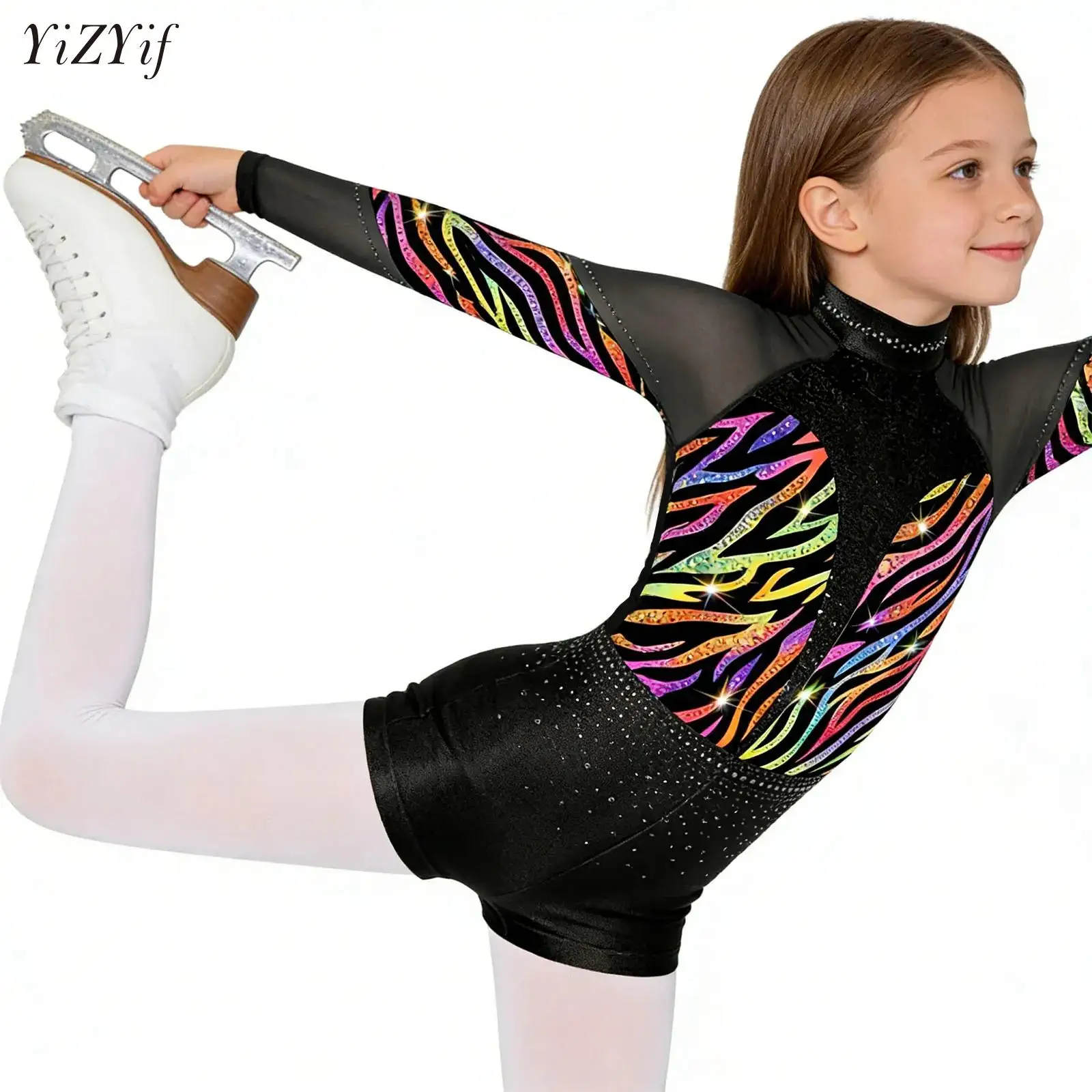 

Kids Girls Acrobatic Gymnastics Leotard Ballet Jersey Dance Performance Costume Sparkly Rhinestones Sequins Tumbling Jumpsuits