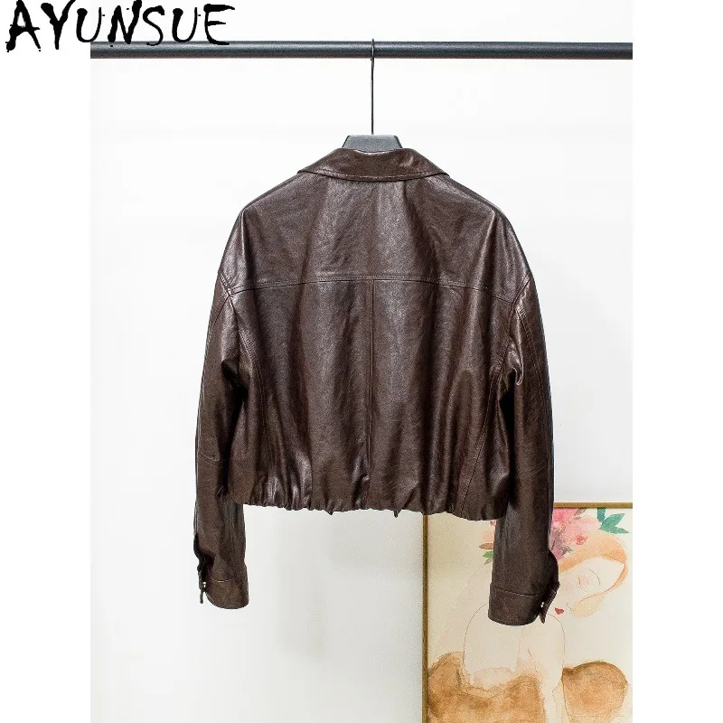 AYUNSUE Oil-wax Sheepskin Women's Jackets Fashion Short Motorcycle Jacket Woman Casual Long Sleeve Tops Woman Clothes Ropa Mujer