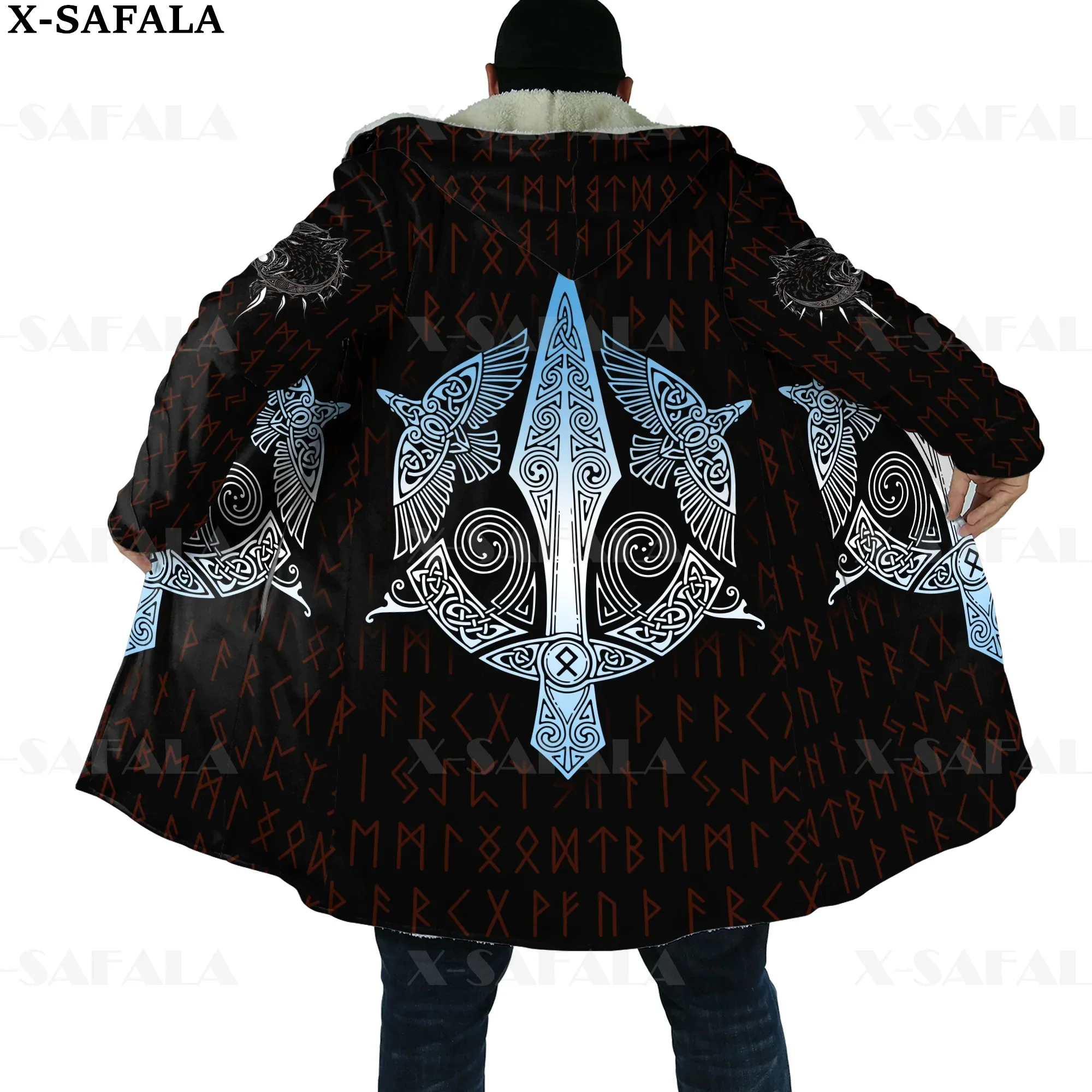 

Odin Viking Tattoo Moon Raven Wolf Dragon Print Thick Warm Hooded Cloak Men Overcoat Coat Windproof Fleece Cape Robe Blanket-5