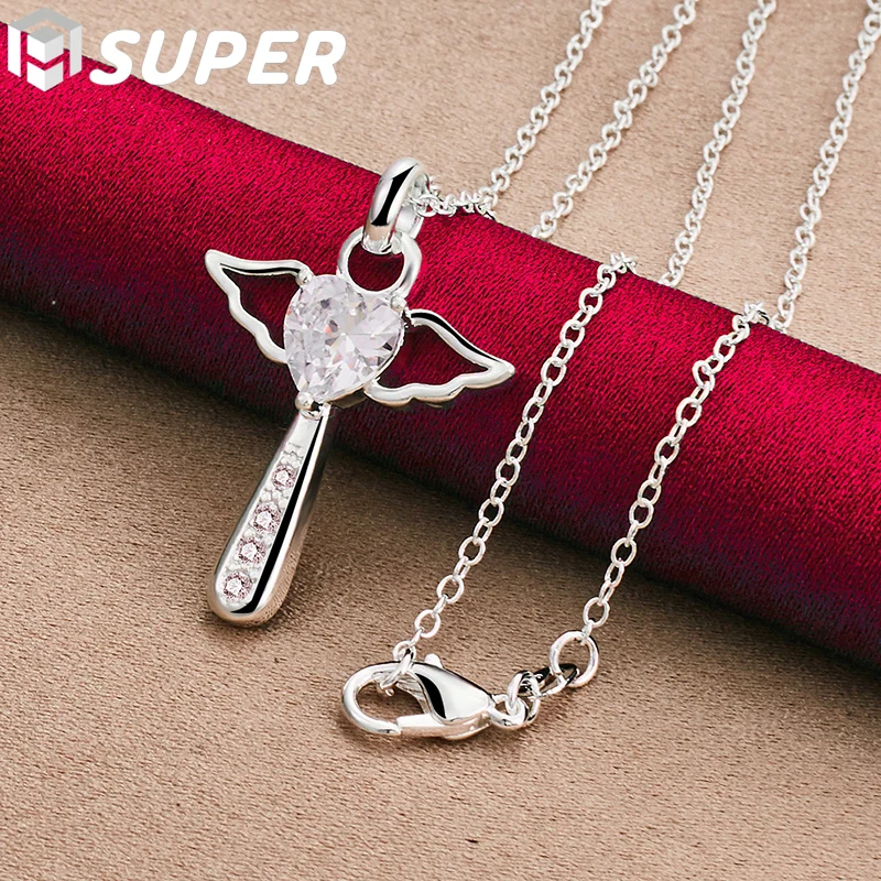 

925 Sterling Silver Cross Heart White AAA Zircon Necklace 18-30 Inch Chain For Woman Wedding Charm Jewelry