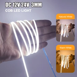 Narrow Width 3MM DC 12V 24V COB Strip 384Leds/M 3000K 4000K 6000K Warm/Natural White Home Decor Flexible Ribbon Rope LED Light