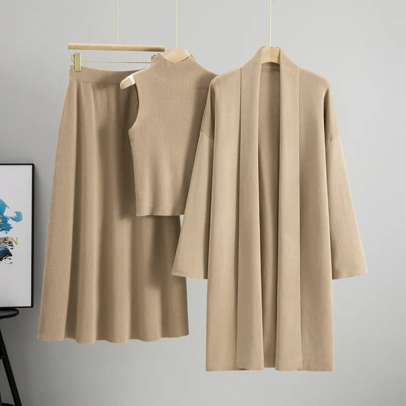 Women Knitted Sweater Muslim 3 Piece Set Long Cardigan Coat Skirt Vest Suit Knit Skirts Outfits Morocco Tracksuit Autumn Winter