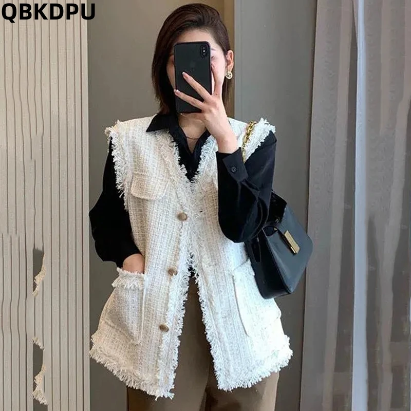 Korean Tweed Vest Jackets Oversized Sleeveless Coat Casual Chaleco Chaqueta Spring Summer Gilet Top Fashion Unlined Waistcoat