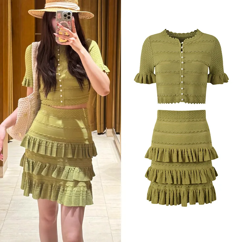 O-neck Short Sleeve Single-breasted Cardigan Layers Ruffles A-line Mini Skirt Women Summer Solid Knits Suit
