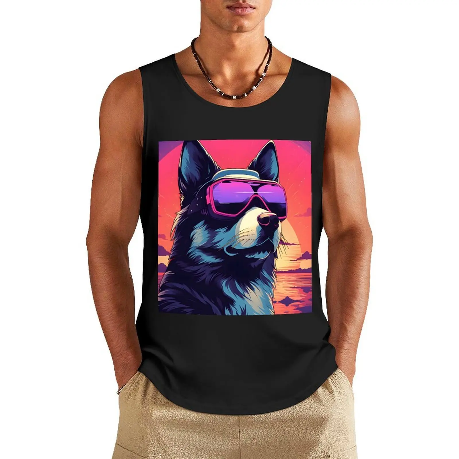 

Husky on the Beach With Sunglasses Tank Top vest for men men gym Short sleeve new in tops & t-shirt