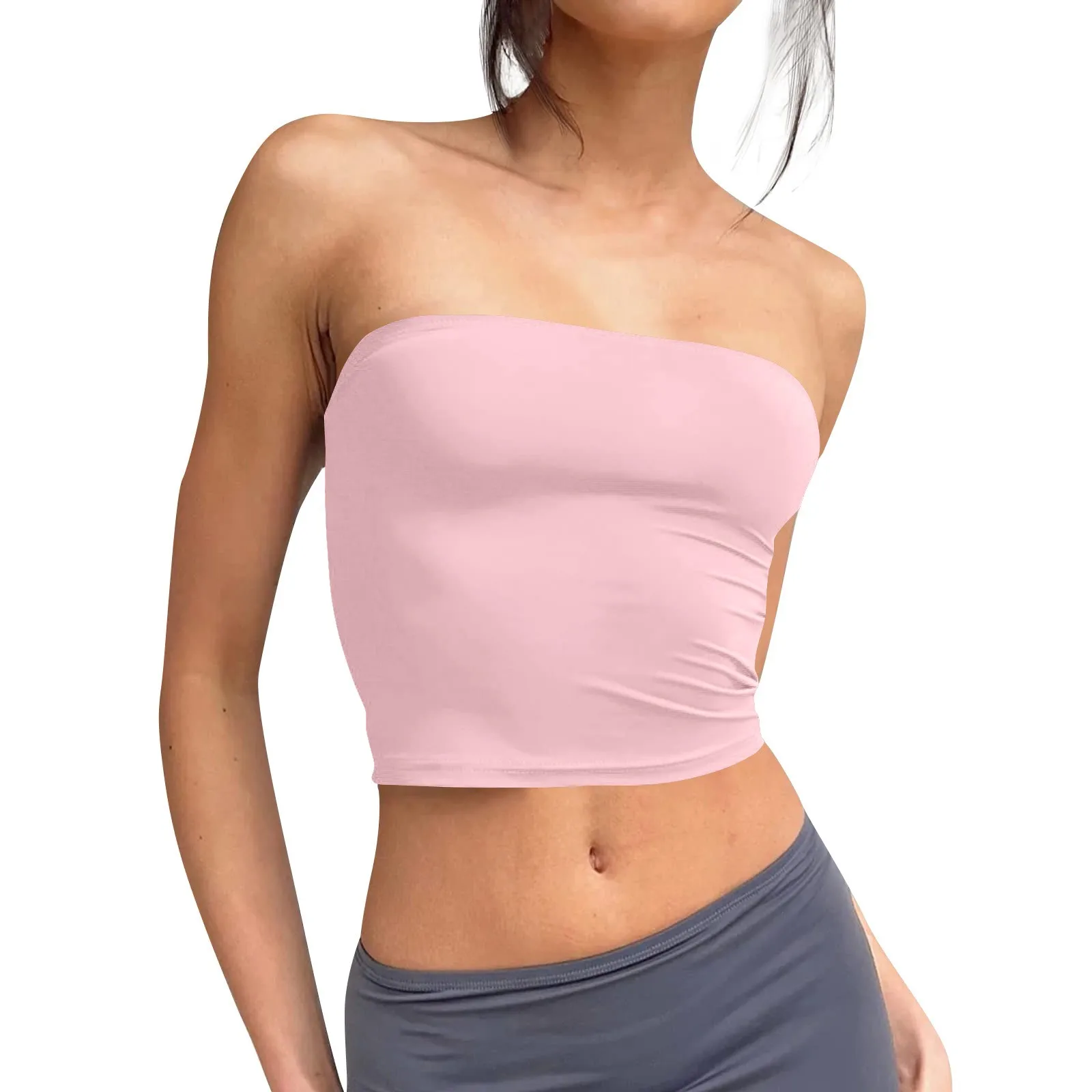 Women's Sleeveless Solid Color Bandeau Tops Strapless Navel Tops Summer Sexy Basic Backless Lightweight Camisole With Chest Pads