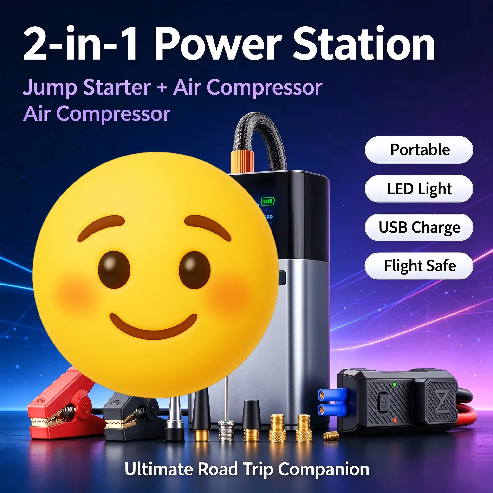 Multi-Function Portable Car Jump Starter & Air Compressor, 2-in-1 Emergency Battery Booster with Tire Inflator